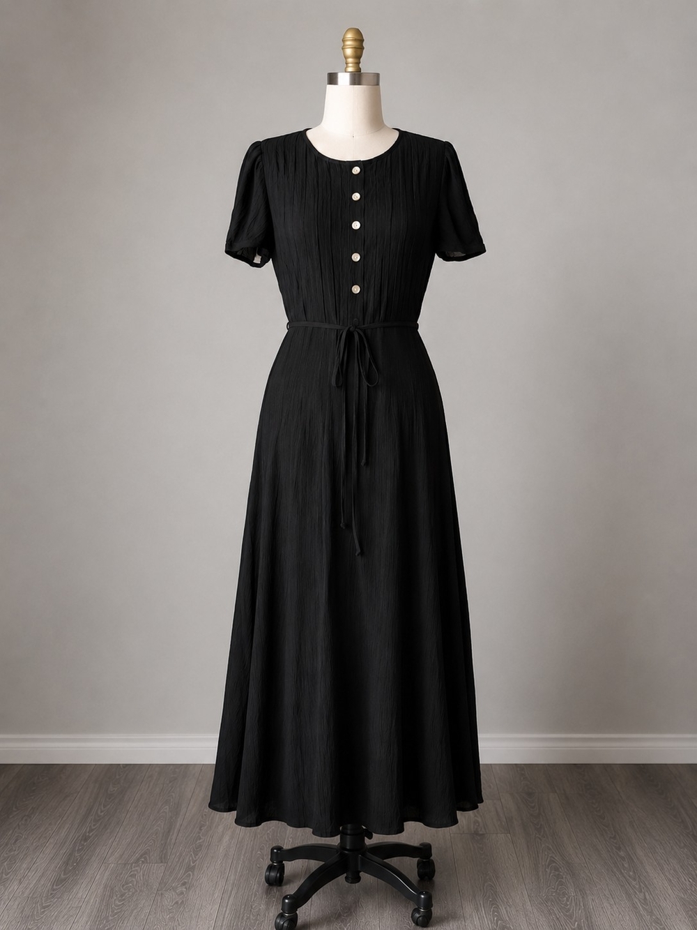 Vintage Betsy Lauren Black Crinkle Rayon Maxi Dress Tie Waist 14 Y2K Minimal